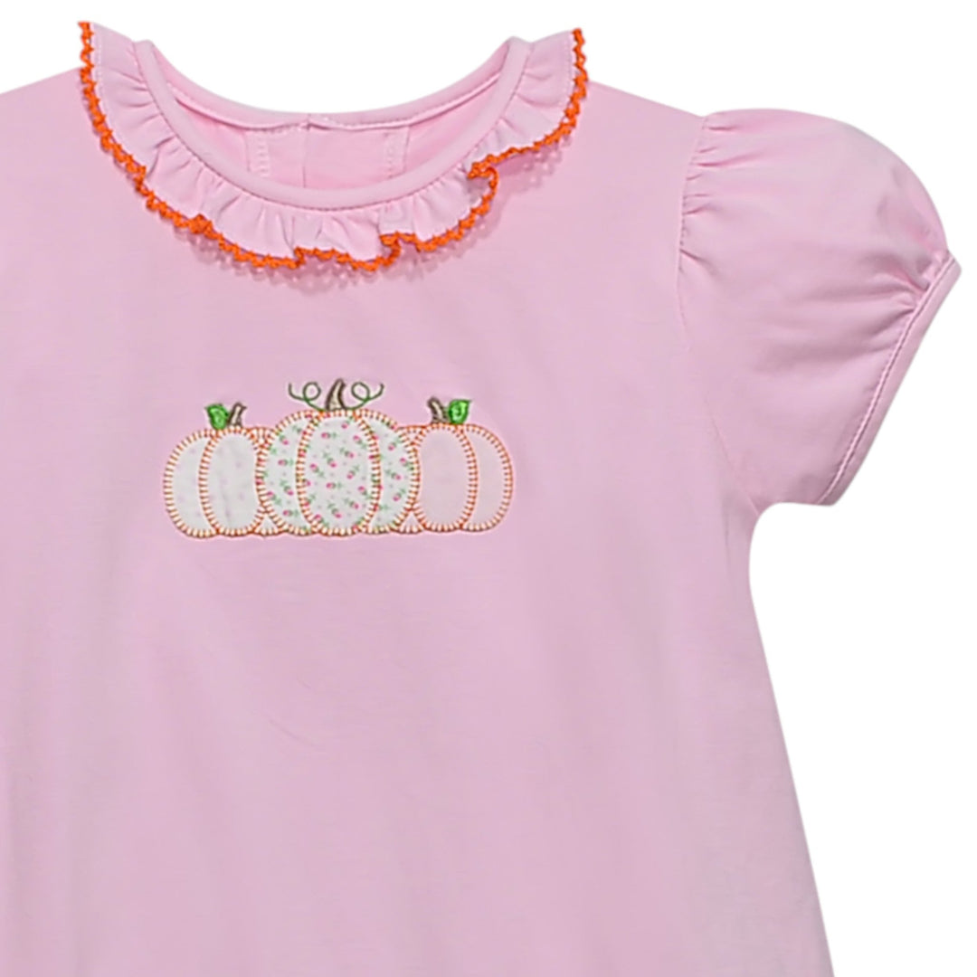 That Store pink cotton bubble with pumpkin applique, ruffled neckline, and orange trim for girls.