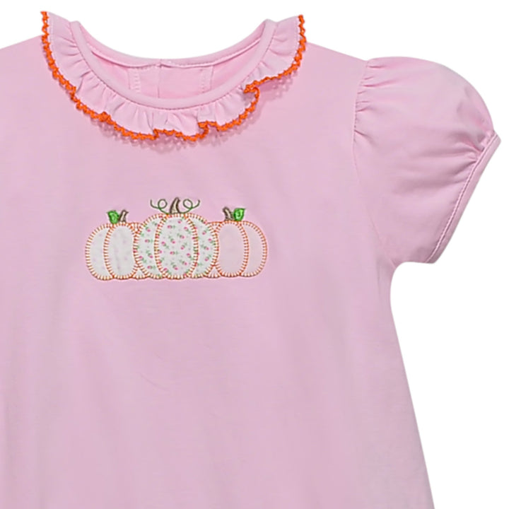 That Store pink cotton bubble with pumpkin applique, ruffled neckline, and orange trim for girls.
