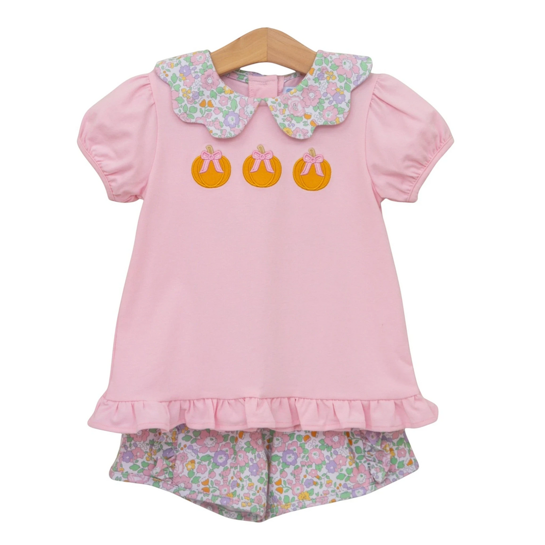 That Store pink cotton short set with pumpkin appliques and floral collar and matching floral shorts for girls