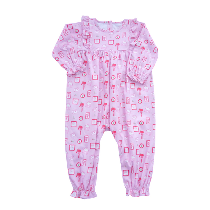 That Store Letters to Santa Harper long bubble in pink and red with shoulder ruffles and festive holiday print