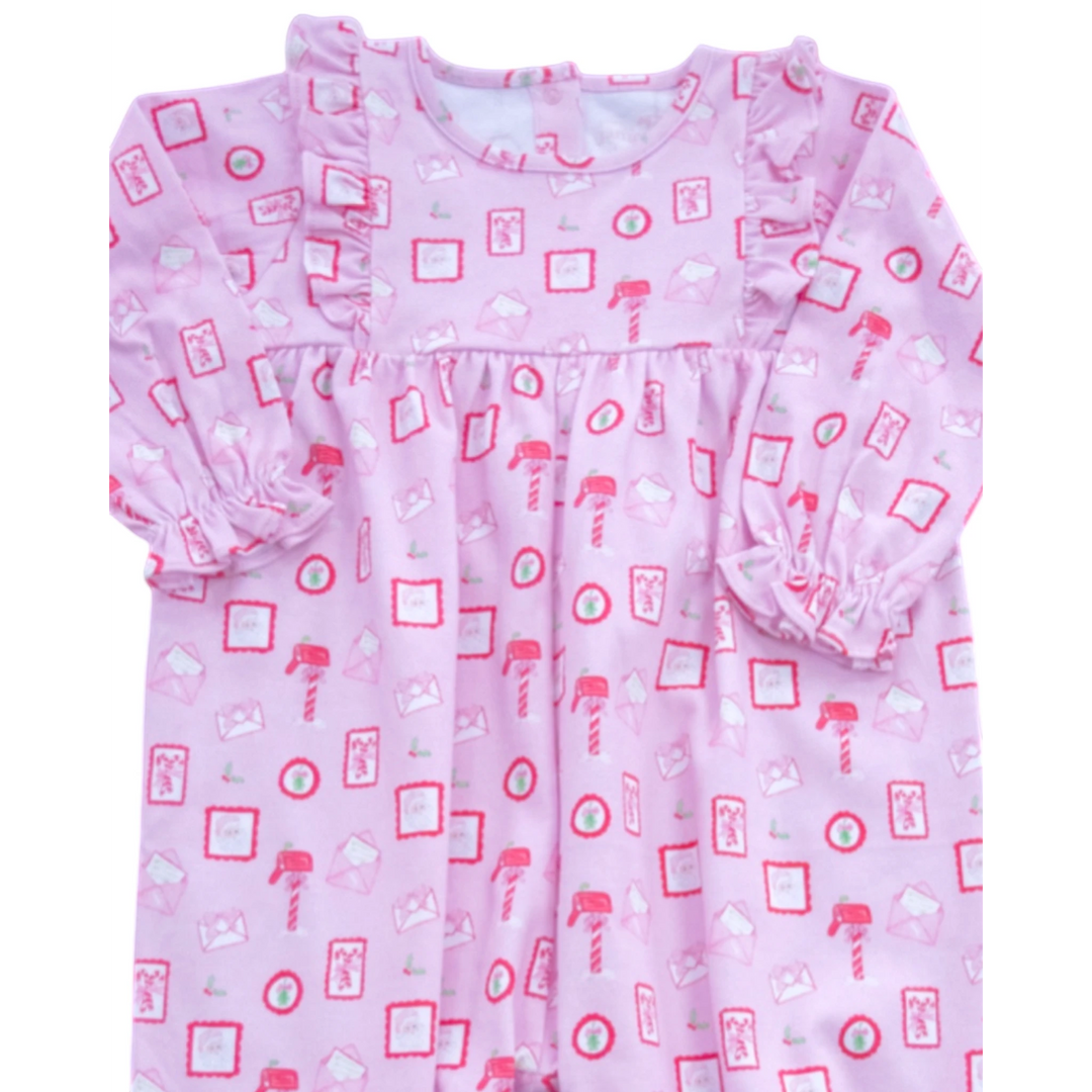 That Store Letters to Santa Harper long bubble in pink with red mail print and ruffled shoulder details for girls