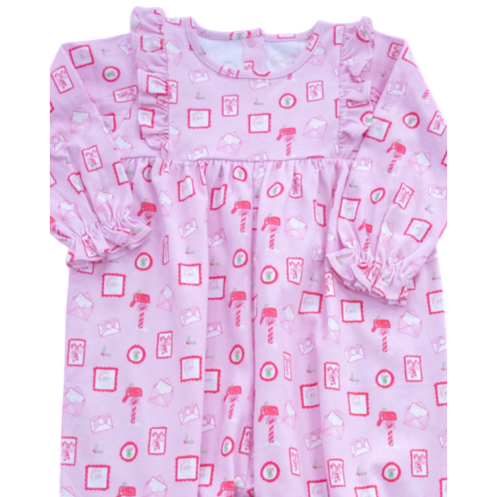 That Store Letters to Santa Harper long bubble in pink with red mail print and ruffled shoulder details for girls