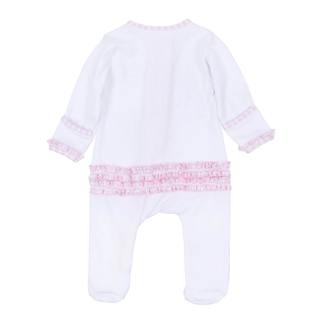 That Store pink and white Pima cotton baby footie with back ruffle detail and gingham trim