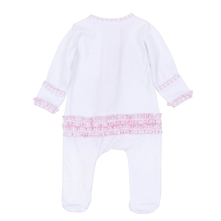 That Store pink and white Pima cotton baby footie with back ruffle detail and gingham trim