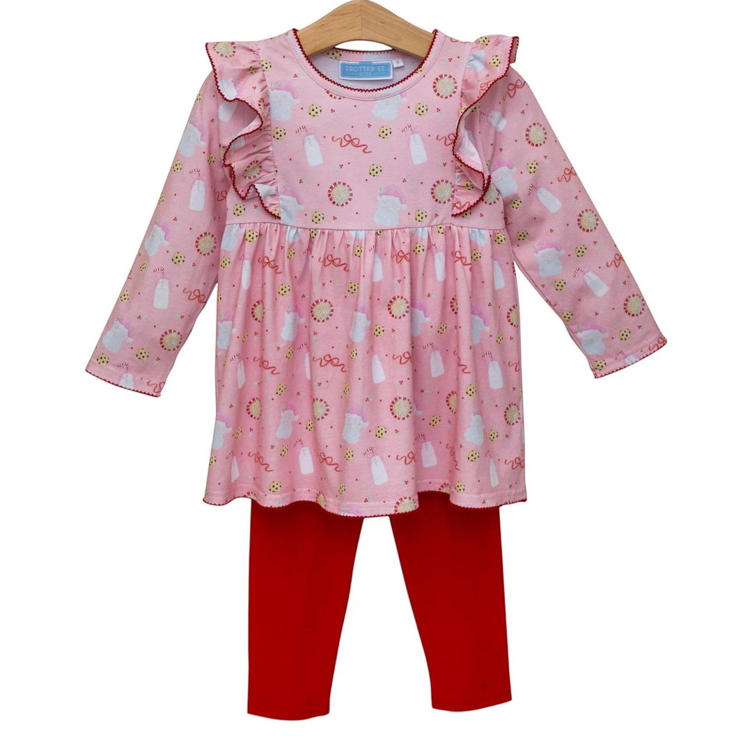 That Store Milk & Cookies girls pants set with pink ruffle tunic featuring cookie print and solid red leggings
