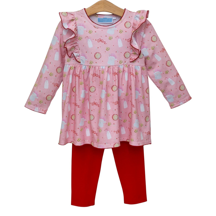 That Store Milk &amp; Cookies girls pants set with pink ruffle tunic featuring cookie print and solid red leggings