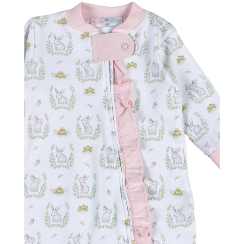 That Store girls pink ruffled footie pajama with white Easter bunny and egg print and front zipper closure