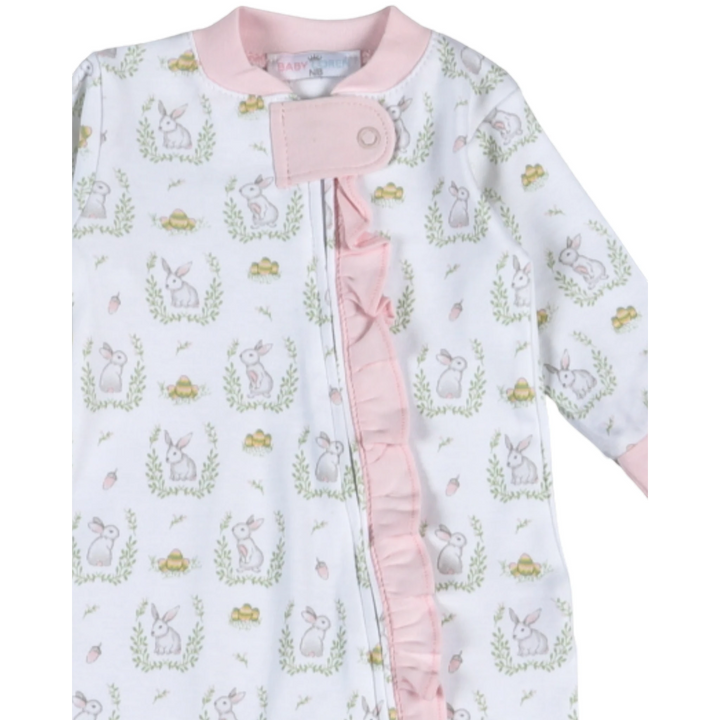 That Store girls pink ruffled footie pajama with white Easter bunny and egg print and front zipper closure