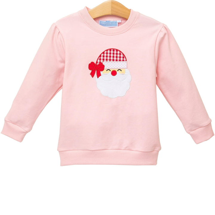 That Store girls pink French terry pullover featuring a festive Santa applique with a red gingham hat and bow