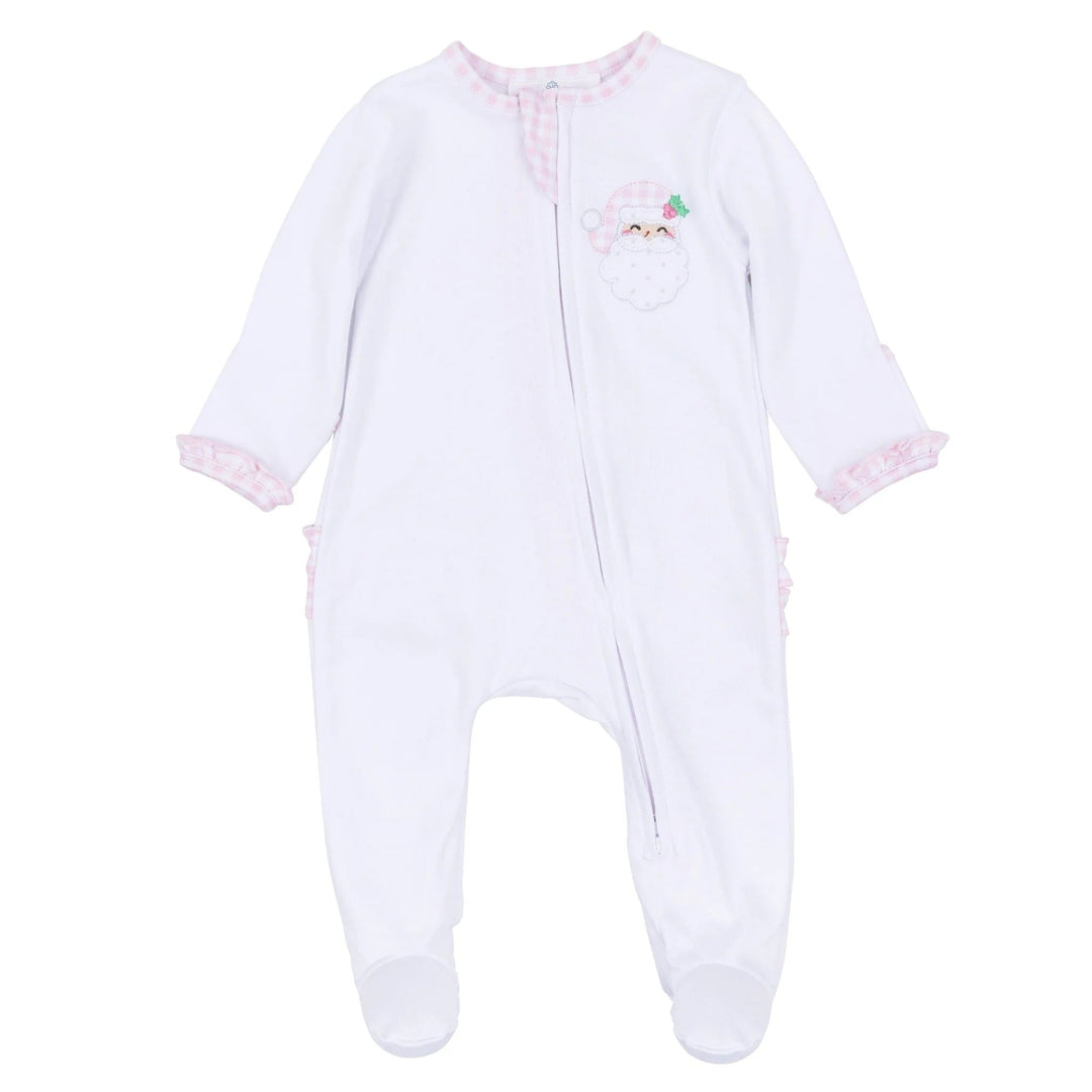 That Store pink and white Pima cotton baby footie with Santa applique, ruffle cuffs, and gingham trim.
