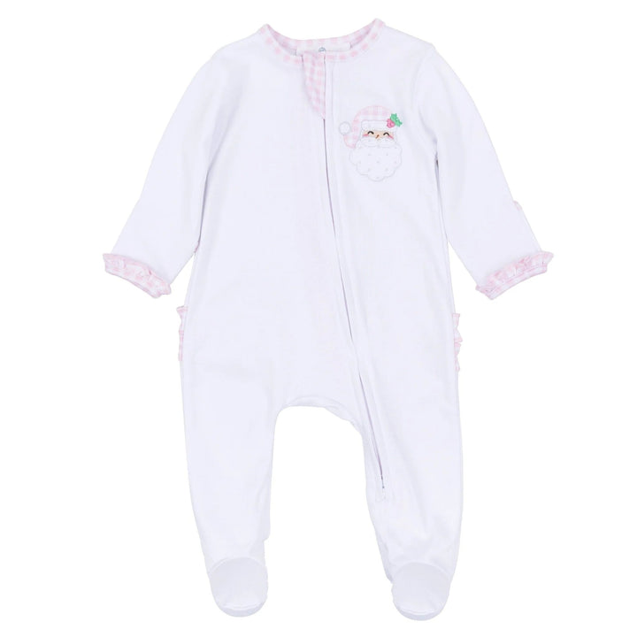 That Store pink and white Pima cotton baby footie with Santa applique, ruffle cuffs, and gingham trim.