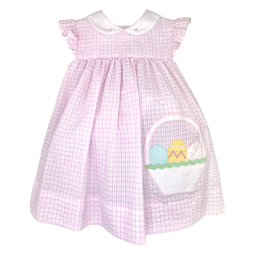 That Store girls pink seersucker plaid Easter dress with white collar and colorful egg basket applique