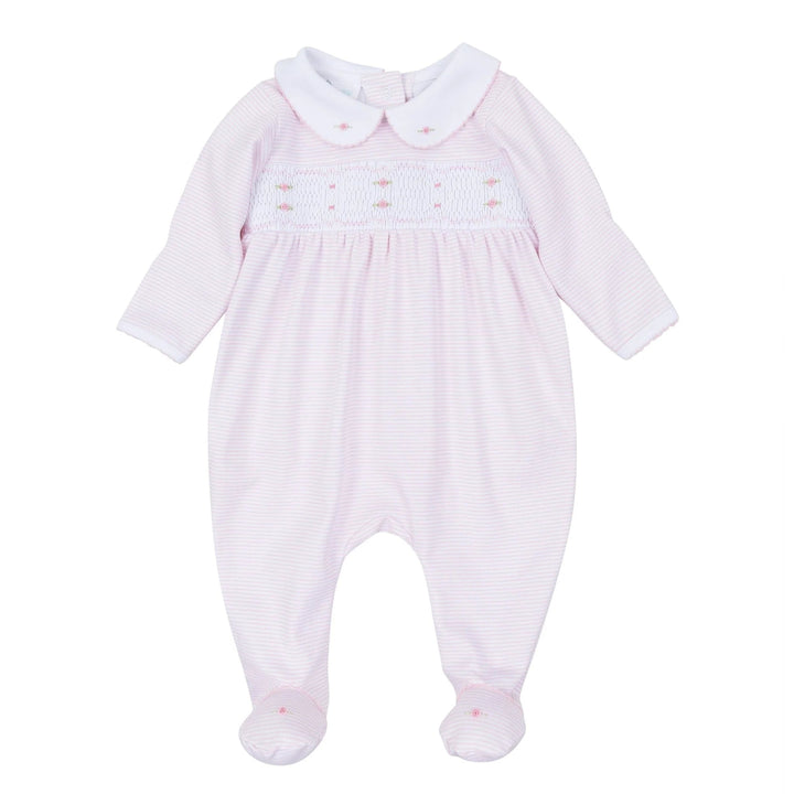 That Store pink micro-stripe baby footie in Pima cotton with hand-smocked chest, rosebud embroidery, and Peter Pan collar
