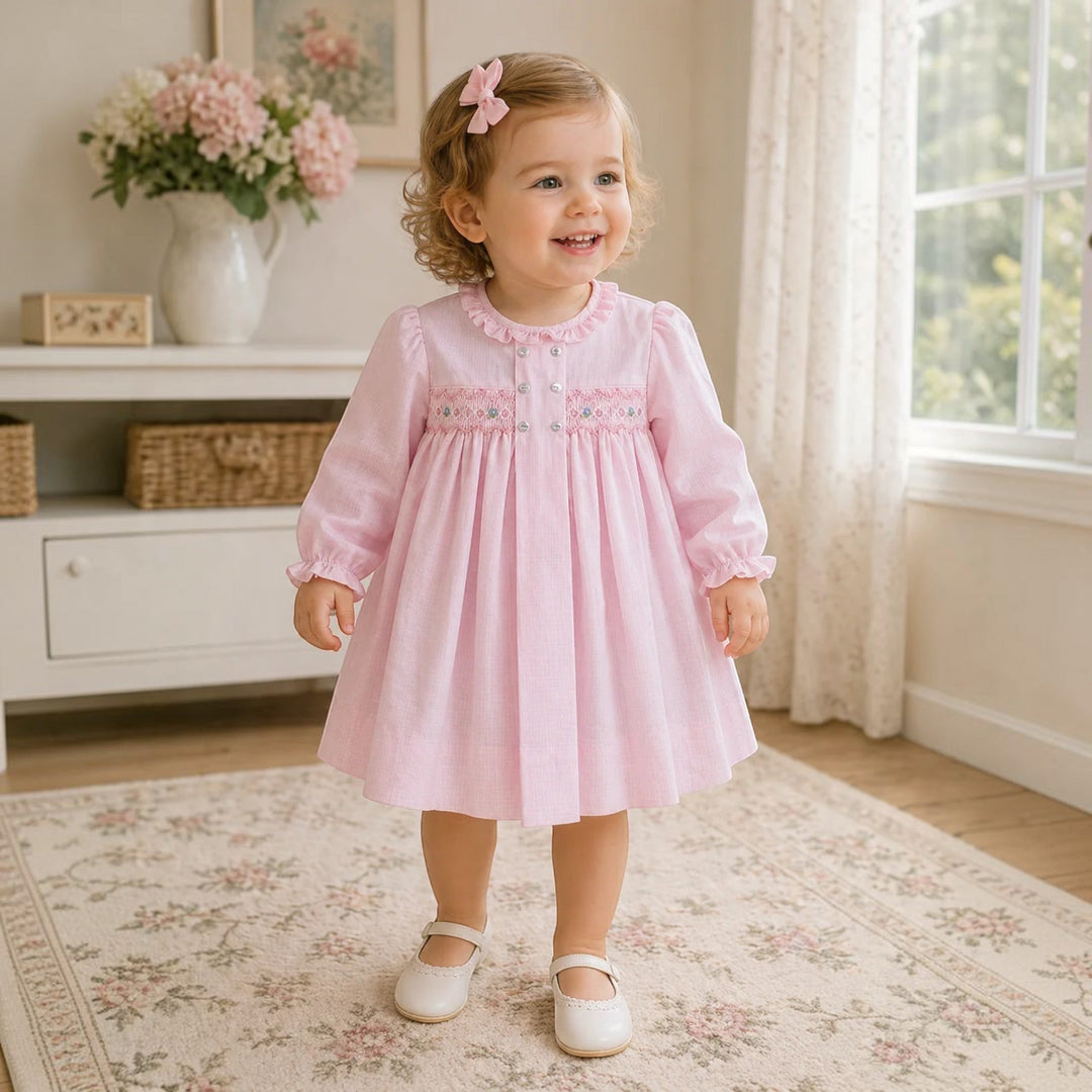 That Store toddler girl wearing a pink micro check long sleeve dress with smocking, embroidery, and a ruffle collar.