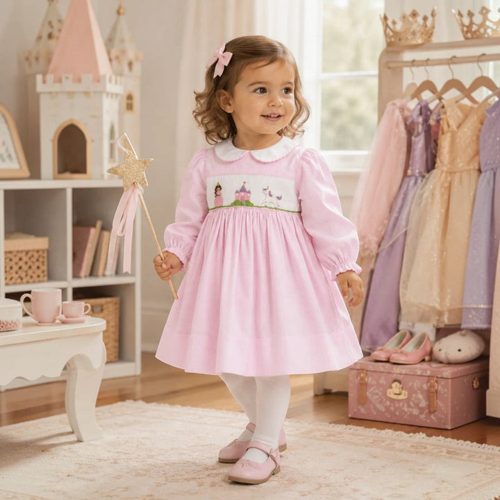 Toddler wearing a That Store pink check dress with a hand-smocked fairytale scene and white peter pan collar