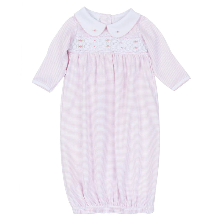 That Store Anna smocked gown in pink micro-stripe Pima cotton with a Peter Pan collar and embroidered rosebuds.