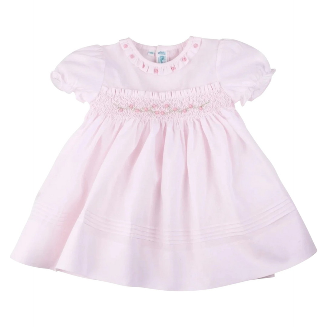 That Store Rose Garden Collection pink toddler dress with hand-smocked bodice, rosebud embroidery, and ruffle collar.