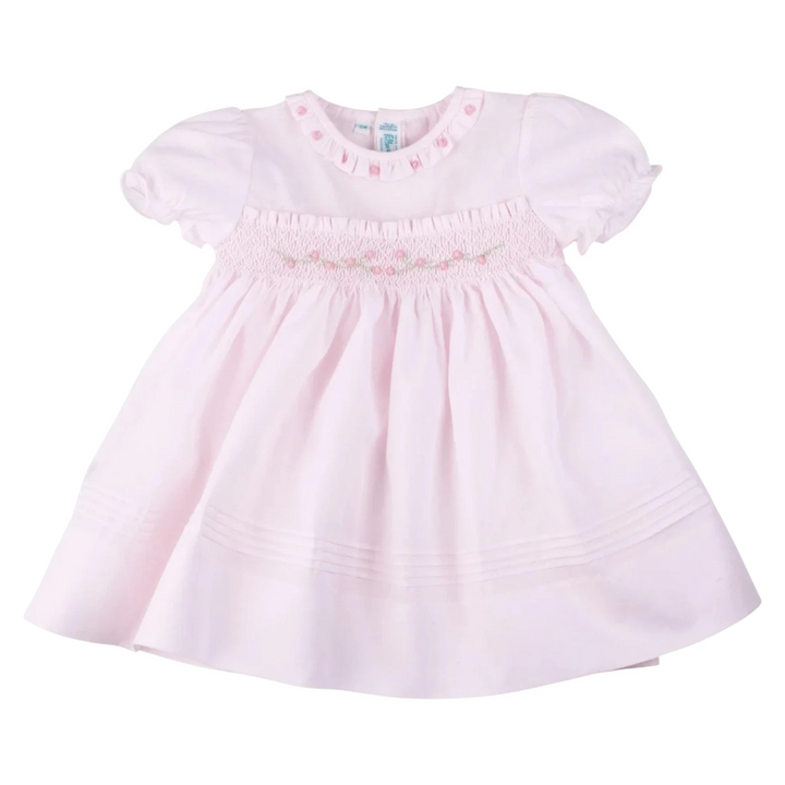 That Store Rose Garden Collection pink toddler dress with hand-smocked bodice, rosebud embroidery, and ruffle collar.