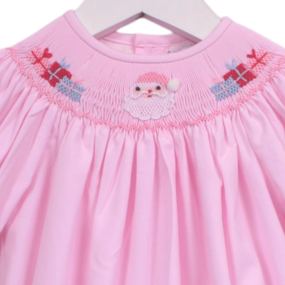 That Store pink girls bubble with smocked Santa Claus and gift box embroidery for Christmas holiday wear