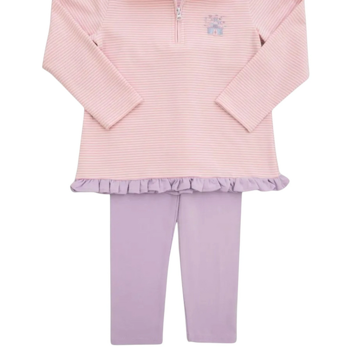 That Store girls pink striped quarter-zip pullover with castle embroidery and matching lavender ruffle-hem pants.