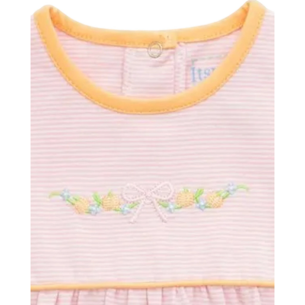 That Store pink stripe dress with embroidered pumpkin and bow detail and orange trim neckline