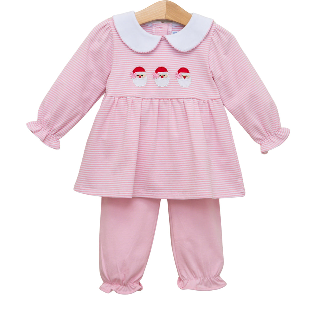That Store girls pink striped bloomer pant set featuring a white Peter Pan collar and three Santa applique details.