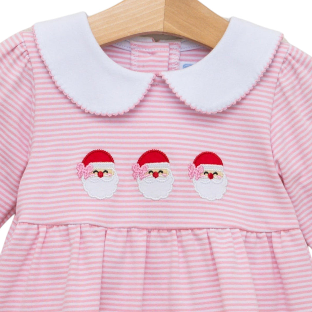 That Store girls pink stripe bloomer set with white Peter Pan collar and three embroidered Santa Claus appliques