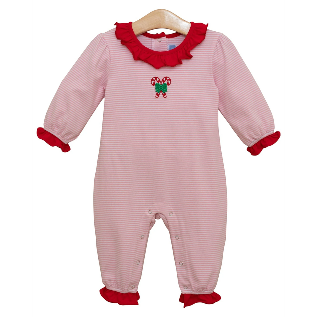 That Store pink striped cotton romper with candy cane embroidery, red ruffle collar, and cuffs for baby Christmas