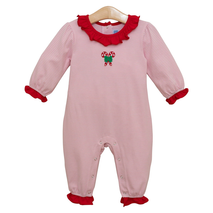 That Store pink striped cotton romper with candy cane embroidery, red ruffle collar, and cuffs for baby Christmas