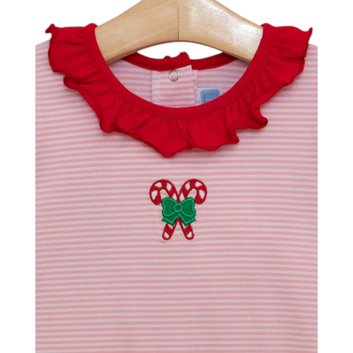 That Store pink striped cotton romper with red ruffle collar and candy cane embroidery for Christmas
