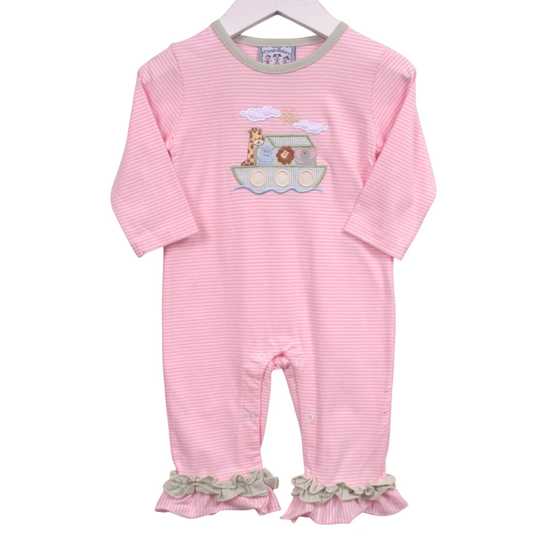 That Store pink striped baby girl romper with Noah's Ark applique, long sleeves, and ruffled leg cuffs.