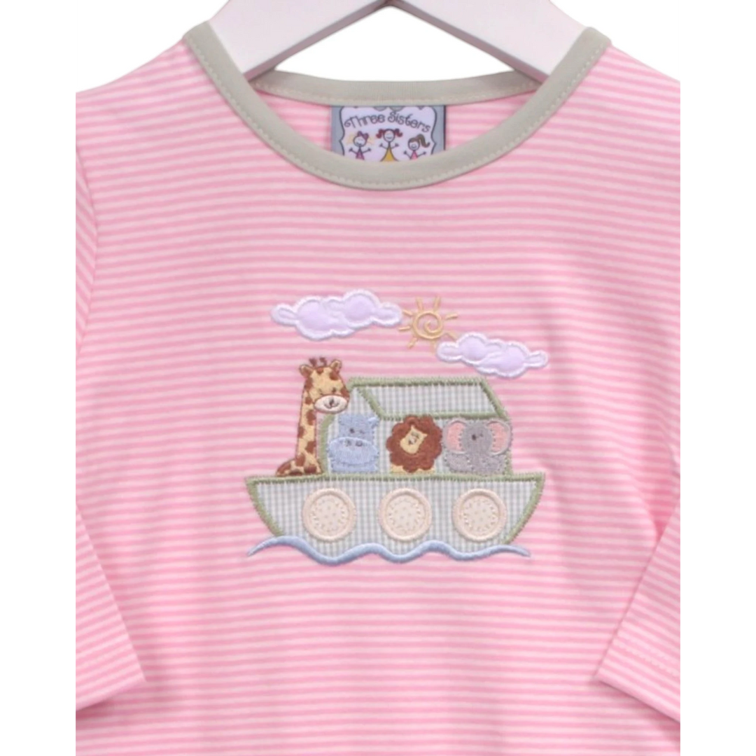 That Store pink striped baby romper with a Noah&