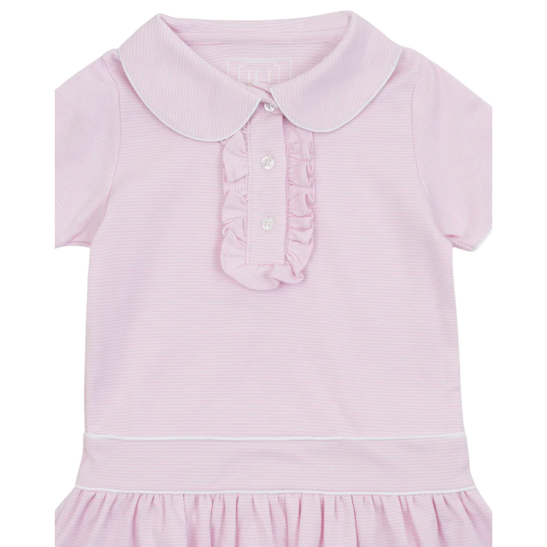 That Store girls pink striped Pima cotton dress with a peter pan collar, ruffled button placket, and drop waist.