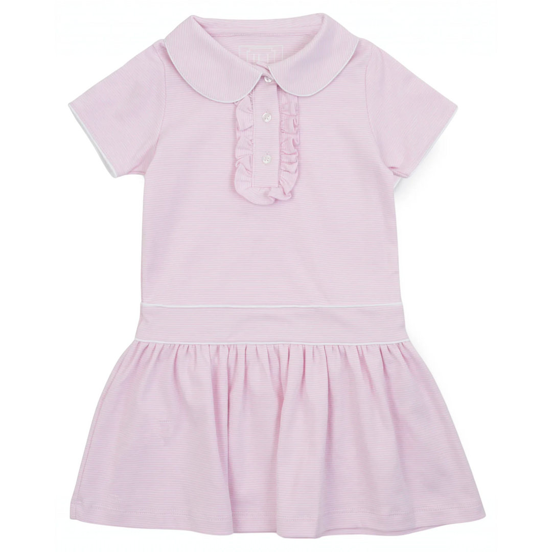 That Store girls pink striped Pima cotton dress with a Peter Pan collar, ruffled placket, and drop waist design.