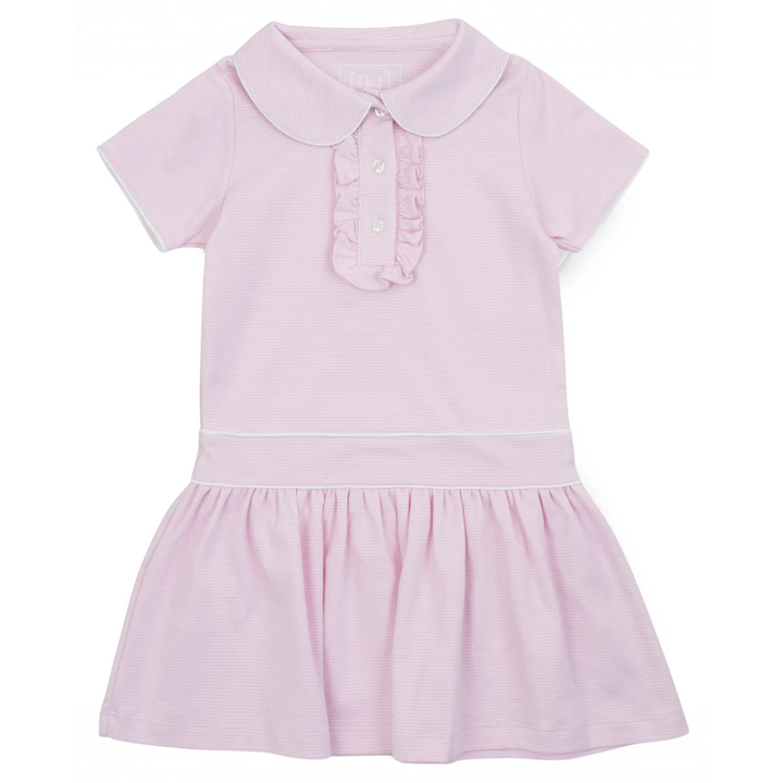 That Store girls pink striped Pima cotton dress with a Peter Pan collar, ruffled placket, and drop waist design.