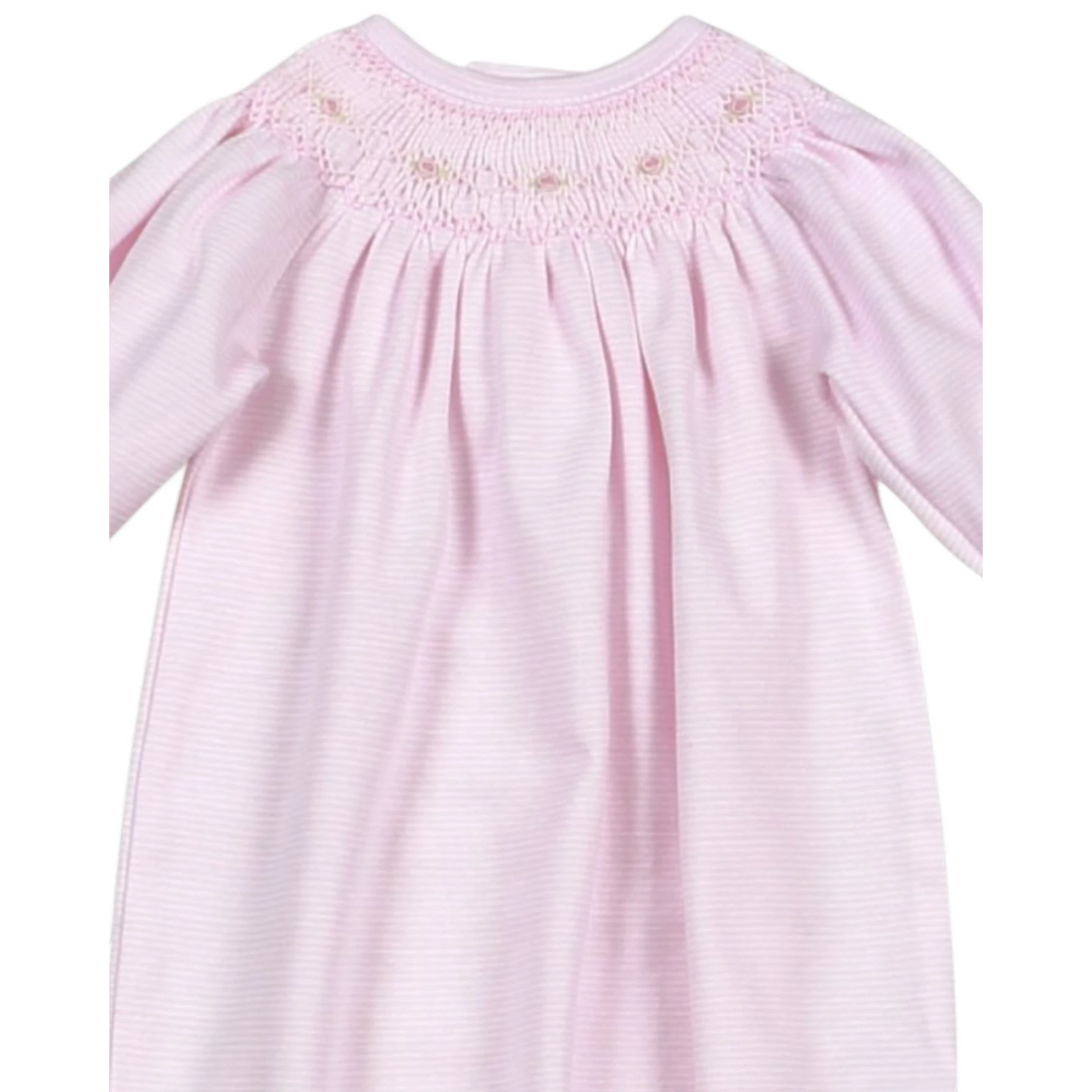 That Store baby girl gown in pink striped Pima cotton with hand smocked floral detailing and long sleeves.