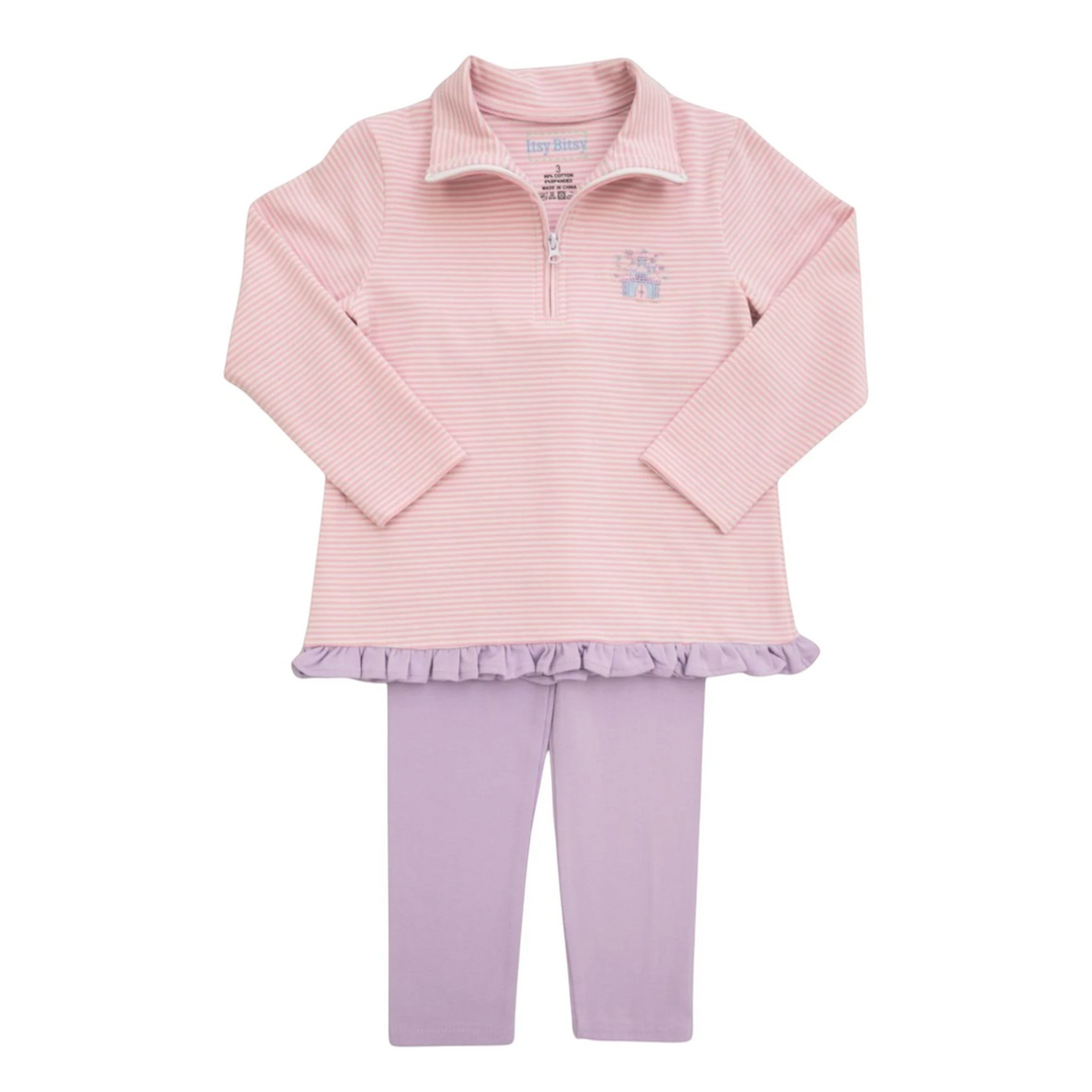 That Store girls pink striped quarter-zip pullover with castle embroidery and matching lavender leggings set
