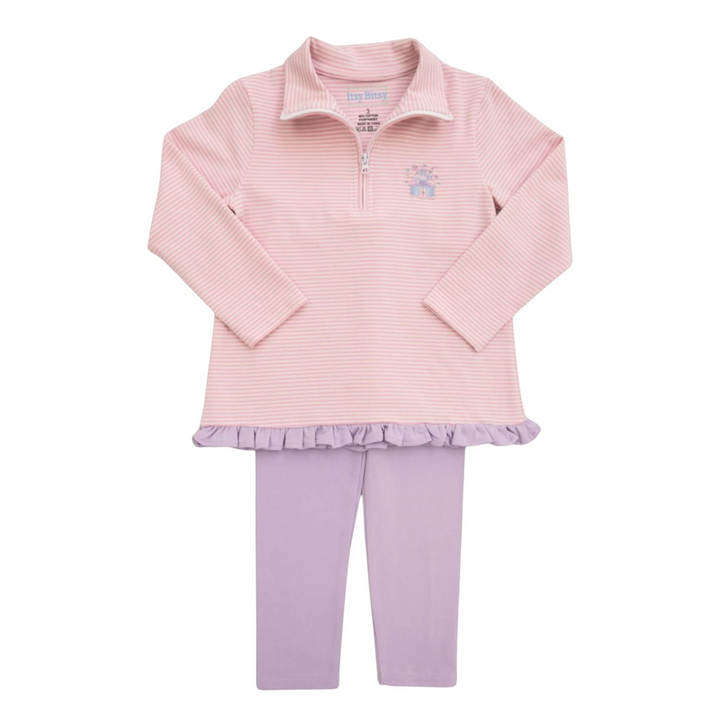 That Store girls pink striped quarter-zip pullover with castle embroidery and matching lavender leggings set