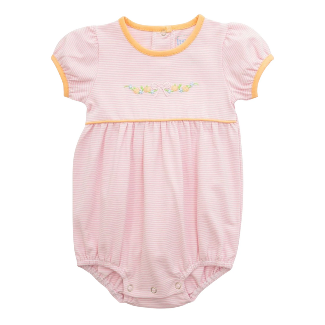 That Store girls pink striped bubble romper with orange trim and embroidered pumpkin and bow detail on the chest.