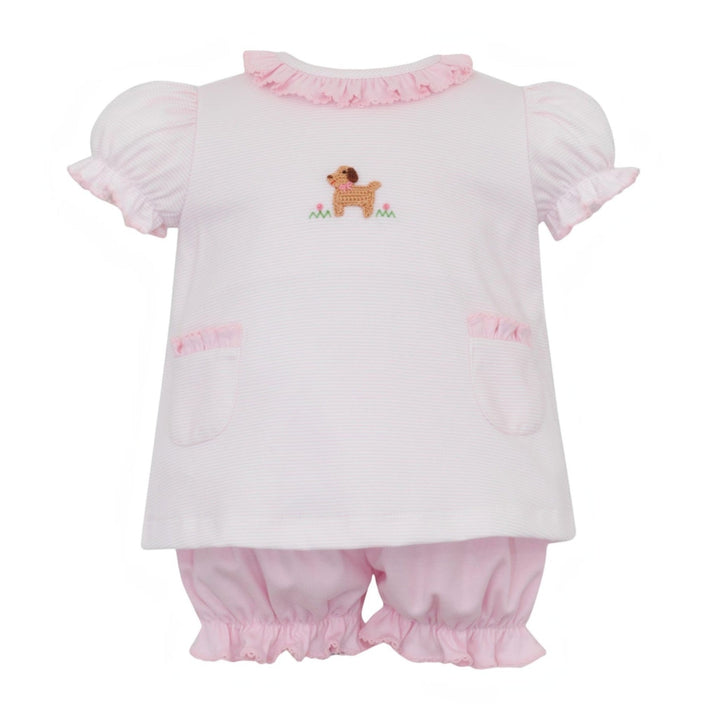 That Store girls pink striped cotton bloomer set with a cute crocheted puppy applique and ruffled collar details.