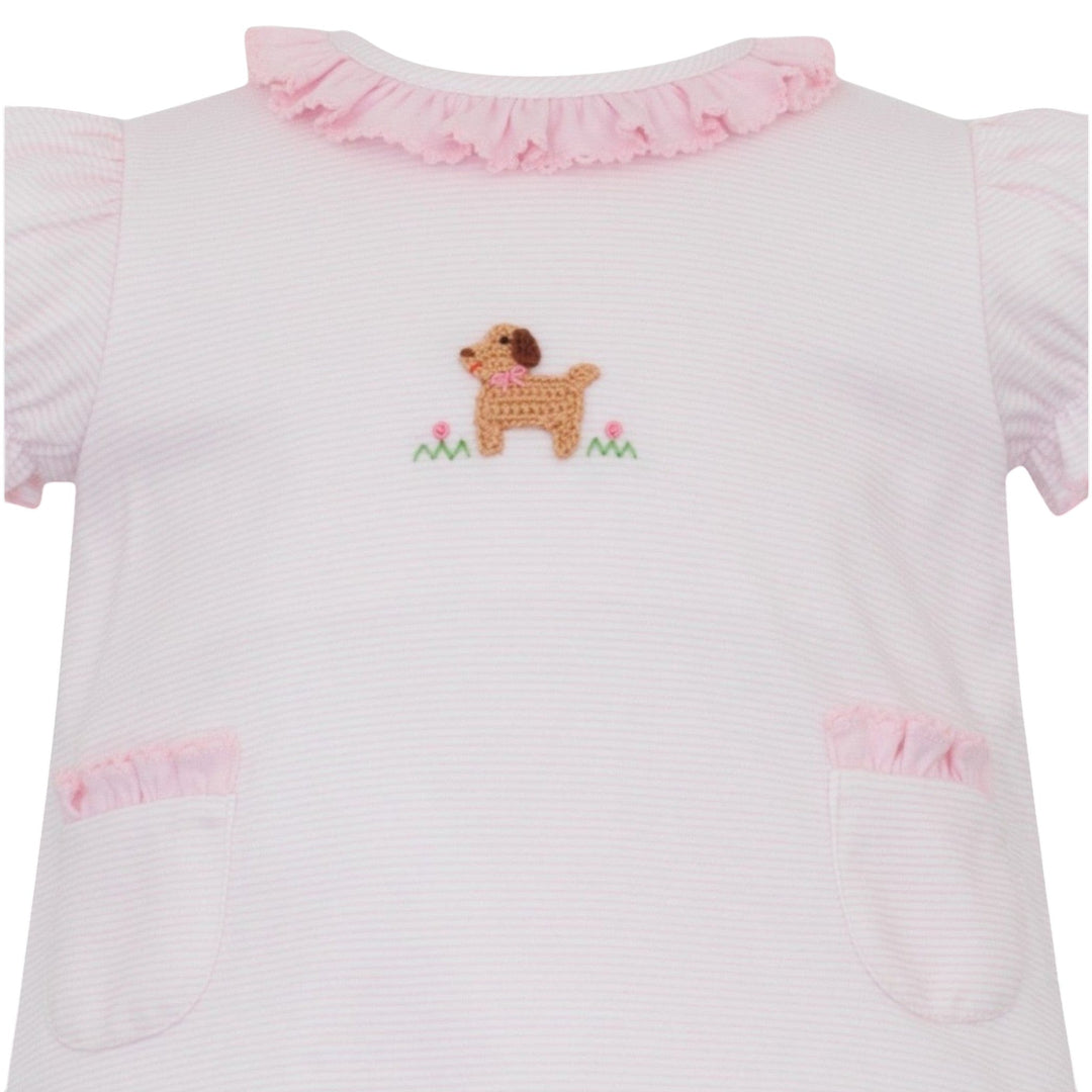 That Store pink striped cotton knit top with a crocheted puppy detail, ruffled collar, and two front pockets.