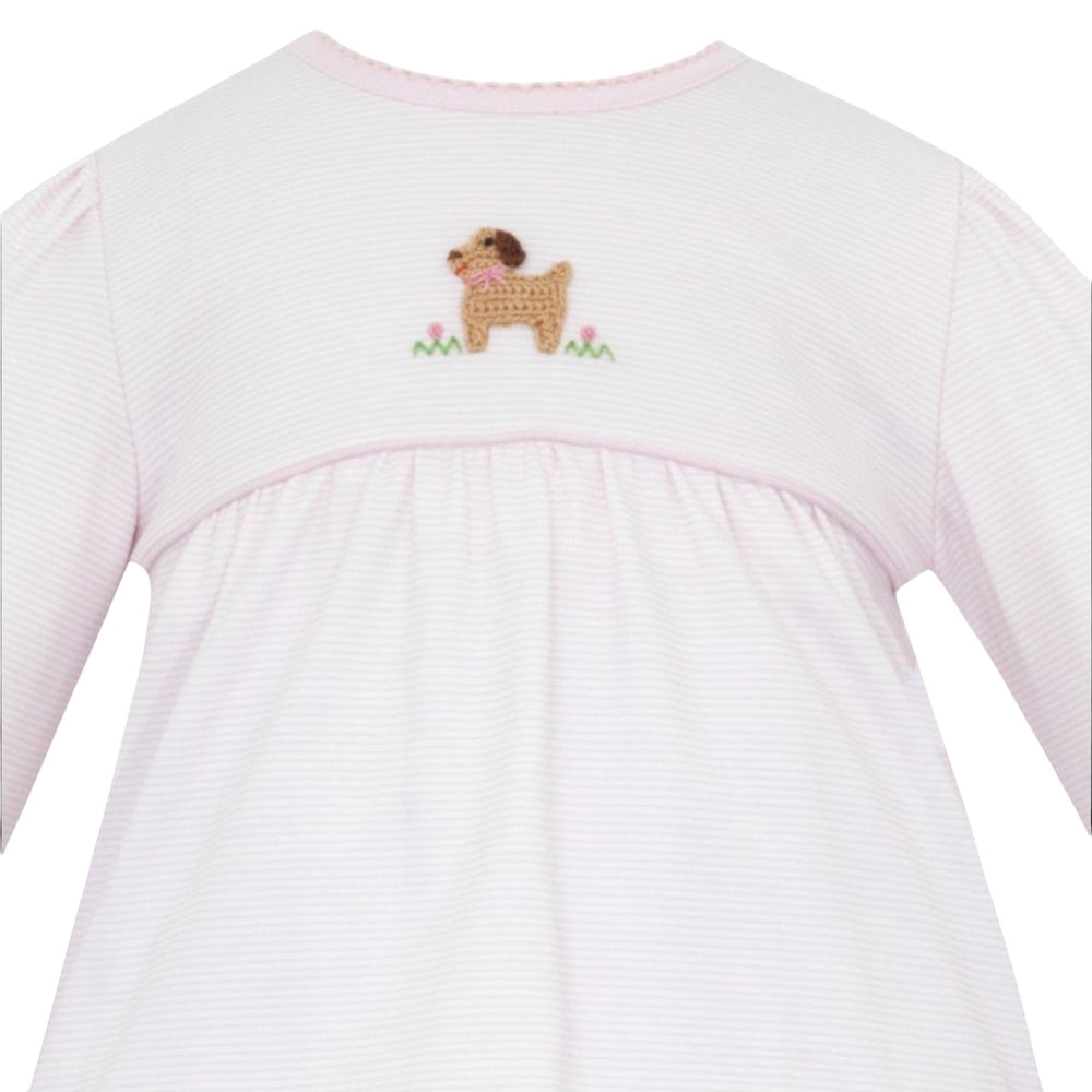 That Store pink striped cotton tunic for girls featuring a cute crocheted puppy detail on the chest