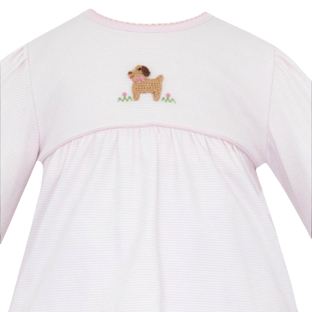 That Store pink striped cotton tunic for girls featuring a cute crocheted puppy detail on the chest