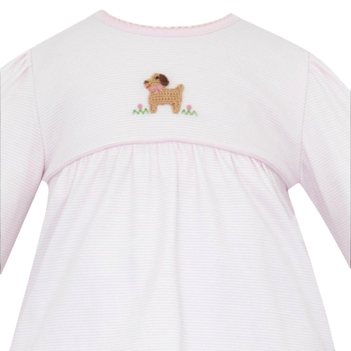 That Store pink striped cotton tunic for girls featuring a cute crocheted puppy detail on the chest