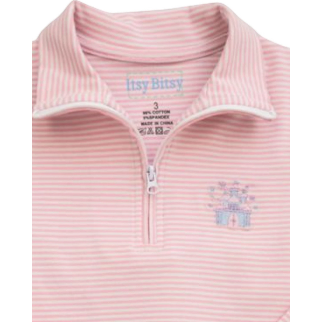 That Store girls pink striped quarter-zip pullover with embroidered castle detail on soft cotton blend fabric
