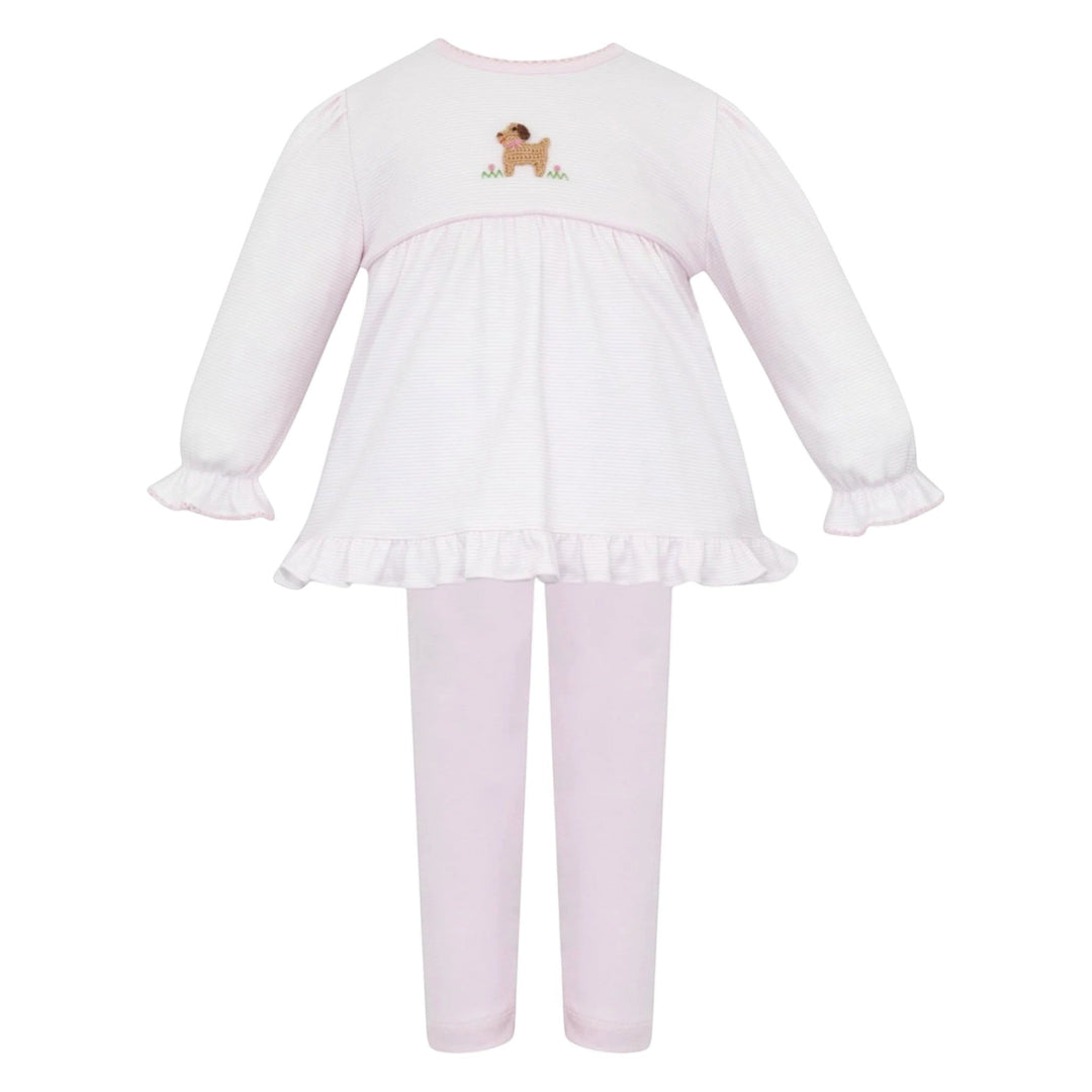 That Store pink striped cotton tunic set for girls featuring a cute crocheted puppy detail and ruffled sleeves.