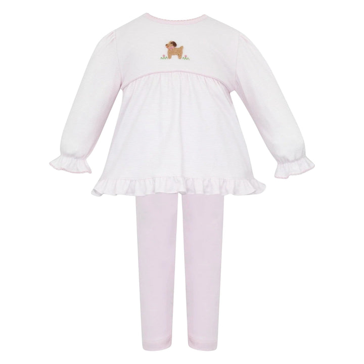 That Store pink striped cotton tunic set for girls featuring a cute crocheted puppy detail and ruffled sleeves.