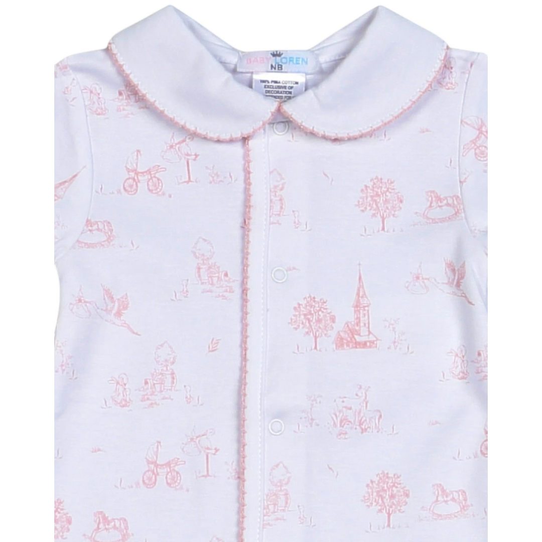 That Store pink toile print Pima cotton baby girl day gown with a delicate scalloped collar and snap front closure.
