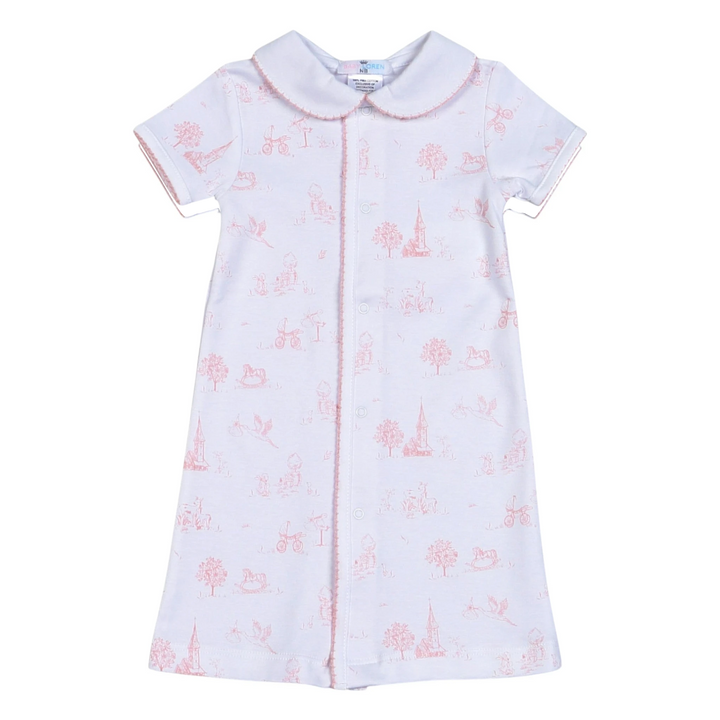 That Store pink toile print Pima cotton baby girl day gown with a peter pan collar and front snap closure.
