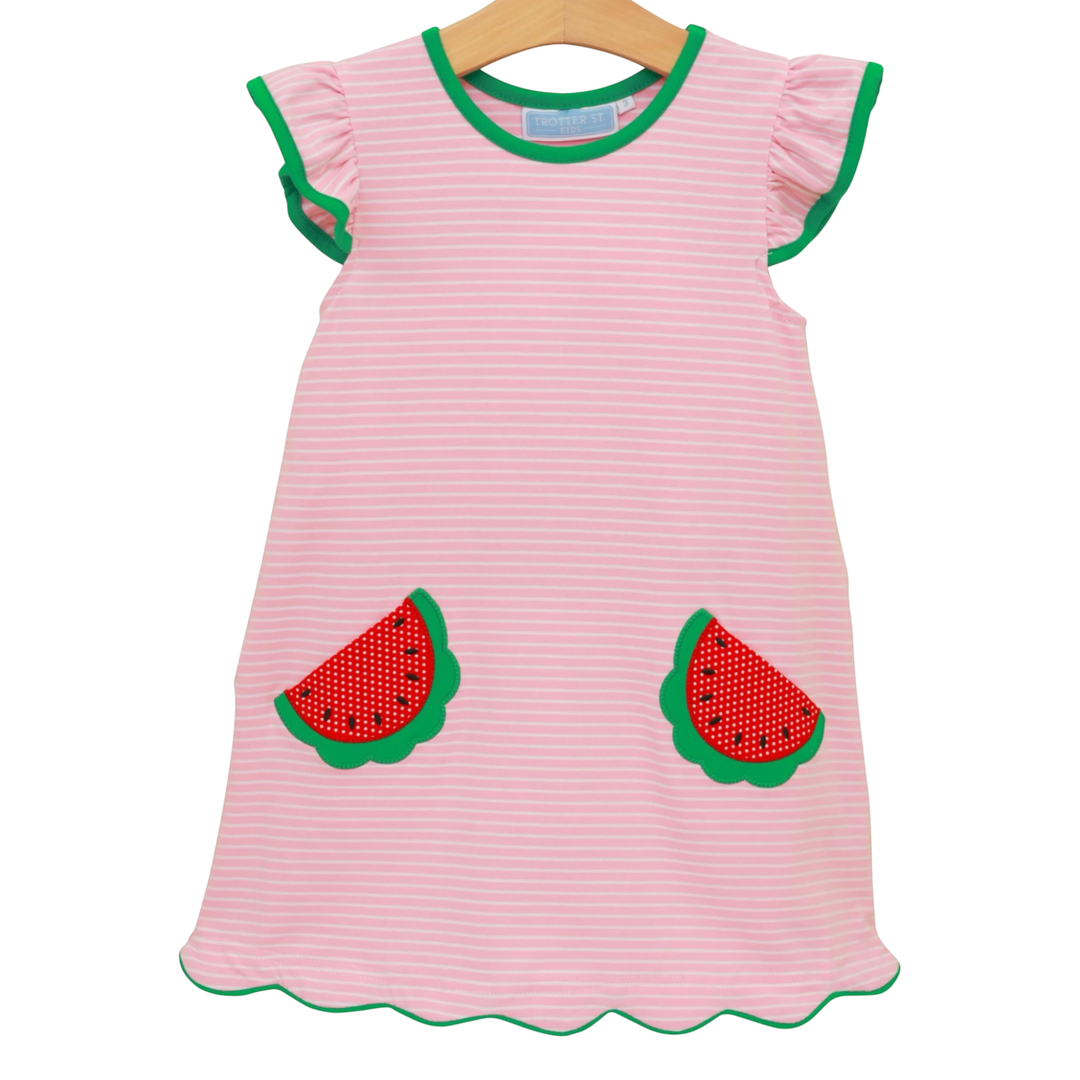 That Store pink and white striped cotton dress with watermelon applique pockets and green scalloped trim